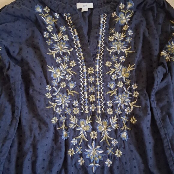 J. Jill Women's Size Medium Navy Blue Embroidered Floral Swiss Dot Boho Top - Picture 5 of 12